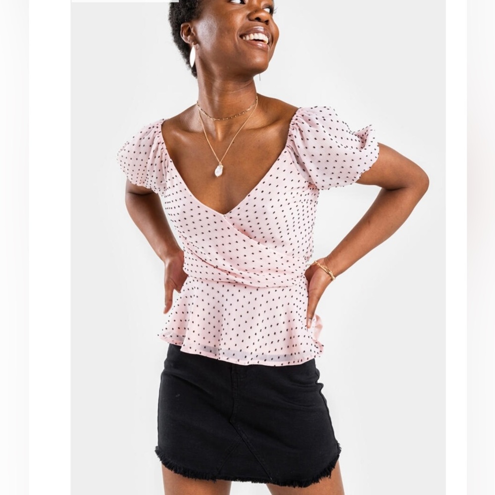 Francesca’s Mon Ami Peplum Bottom V-Neck Wrap Blouse
